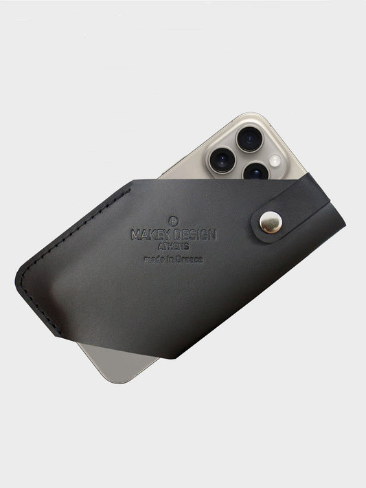 A black leather mobile phone case designed to be attached to a belt, showing the case opened to accommodate a smartphone.