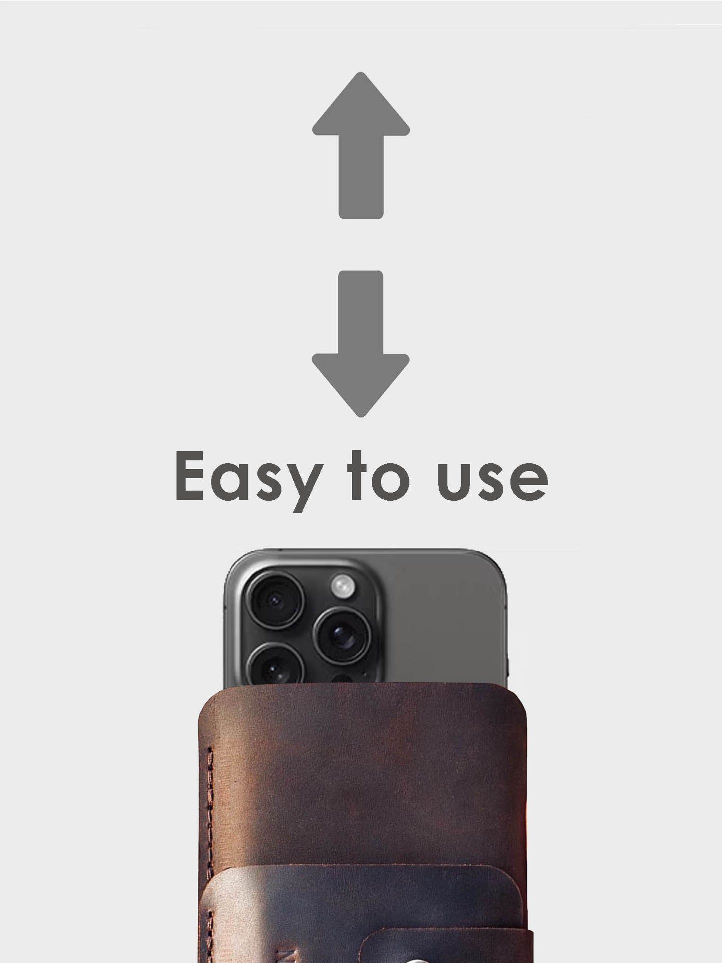 Smartphone in a brown leather case with text 'Easy to use' on a light gray background