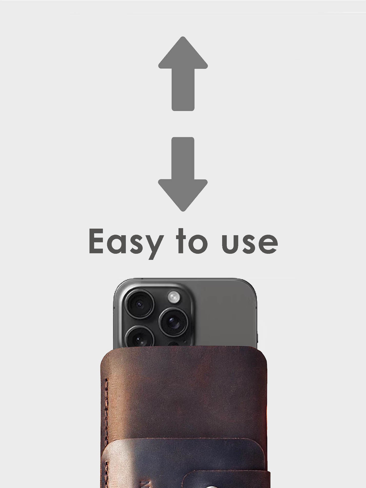 Smartphone in a brown leather case with text 'Easy to use' on a light gray background