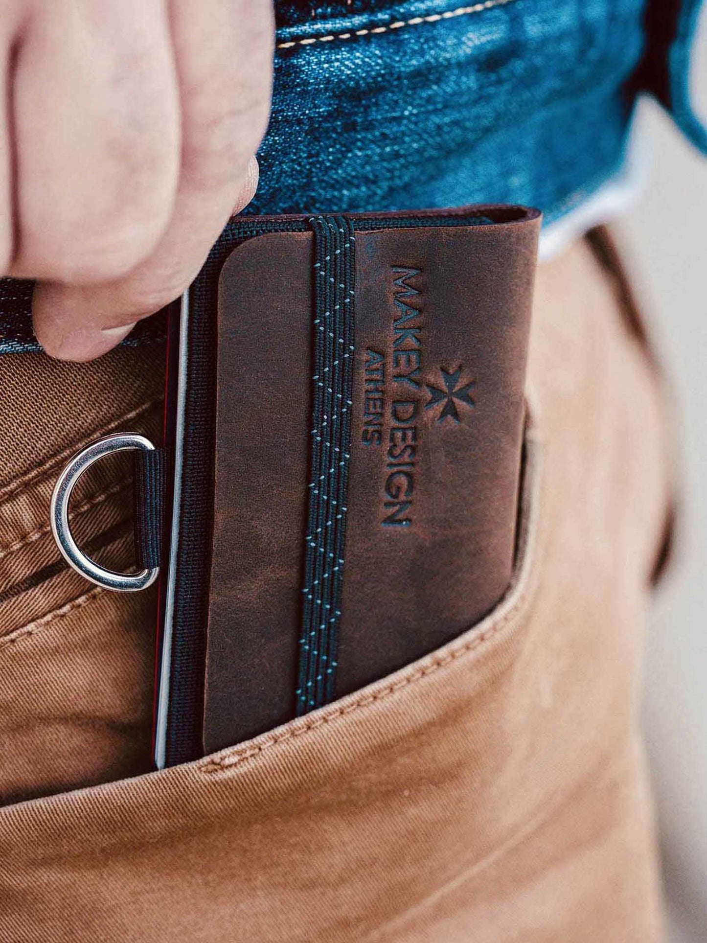 Brown leather wallet with 'MAKEY DESIGN' branding being placed into a pocket.
