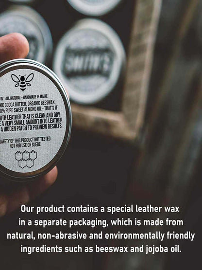 Close-up of a leather care product with text about its ingredients and uses.